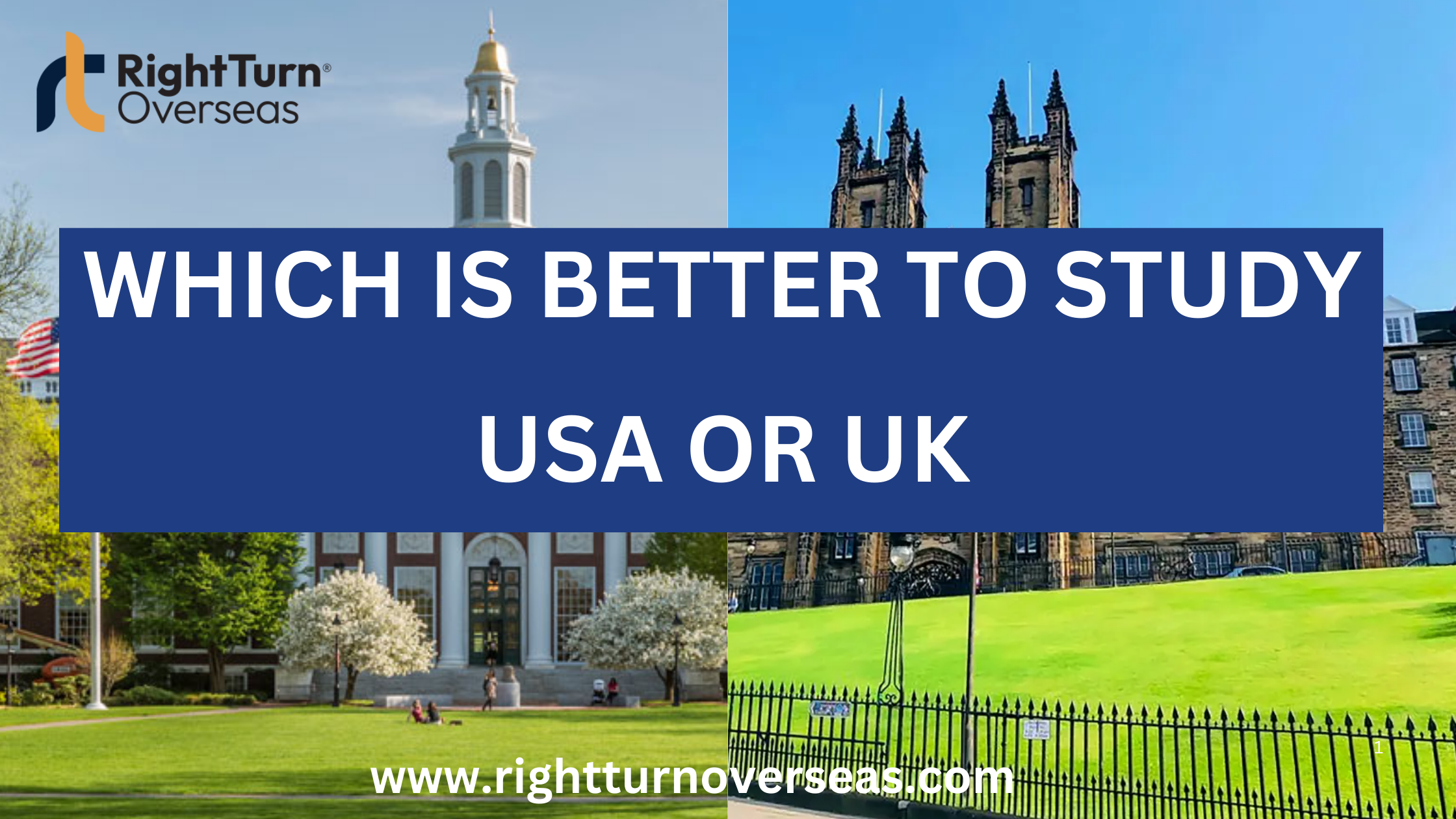 Which is better to study: USA or UK? Comparison banner by Right Turn Overseas featuring iconic university buildings.
