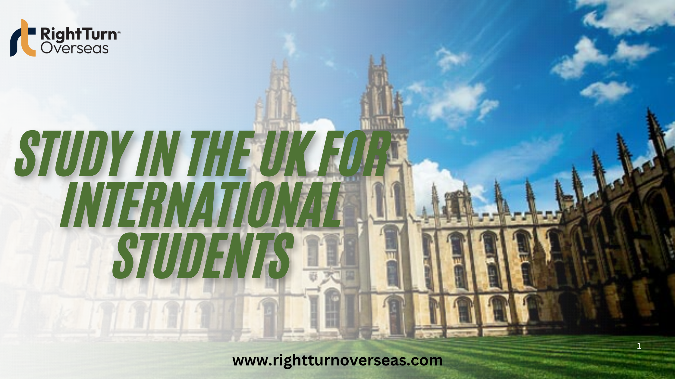 Study in the UK for international students banner by Right Turn Overseas featuring a historic university building.